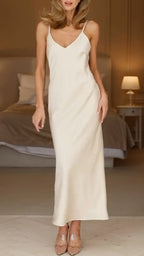 Two Piece Cream Satin Maxi Dress with Chiffon Cape
