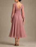 Grayish Pink Chiffon V-neck Long Sleeve Midi Dress