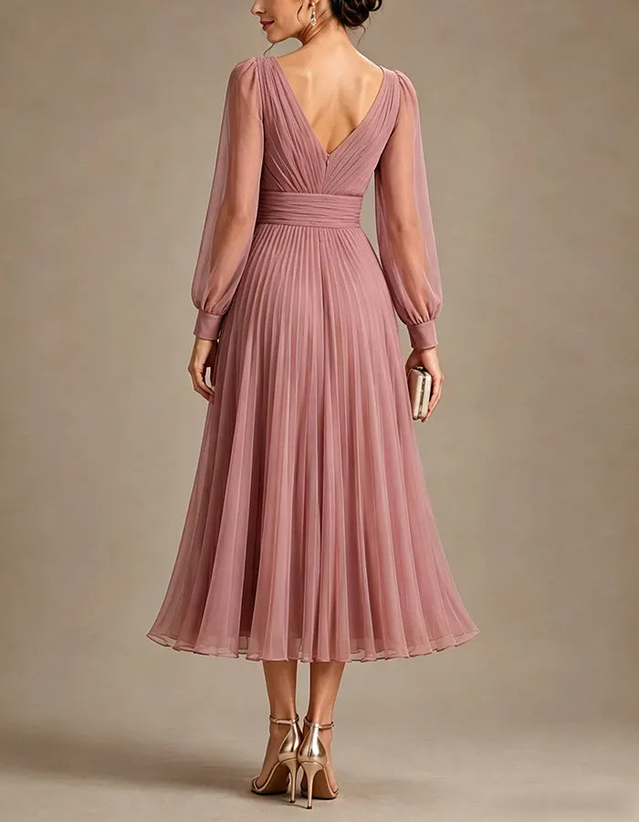 Grayish Pink Chiffon V-neck Long Sleeve Midi Dress