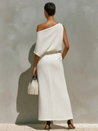 Women's White Linen Set With One-Shoulder Knot Detail & Front Slit, Timeless Minimalist-Resort Style Set MDZ2796C6I