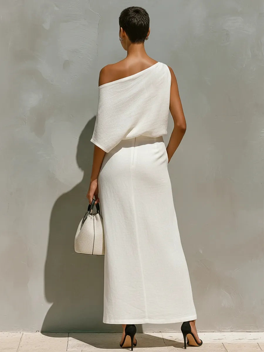 Women's White Linen Set With One-Shoulder Knot Detail & Front Slit, Timeless Minimalist-Resort Style Set MDZ2796C6I