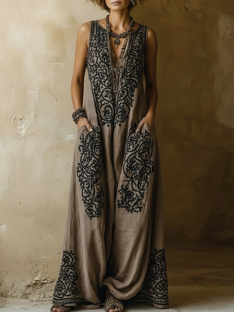 Bohemian Vintage Printed Cotton-linen Two-piece Set