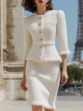 Ivory Fringed Tweed Jacket & Pencil Skirt Two-Piece Set