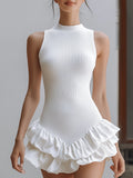 White Sleeveless Rib-Knit Tiered Ruffle Mini Dress