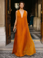 Deep V-Neck Pleated Flowing Maxi Dress