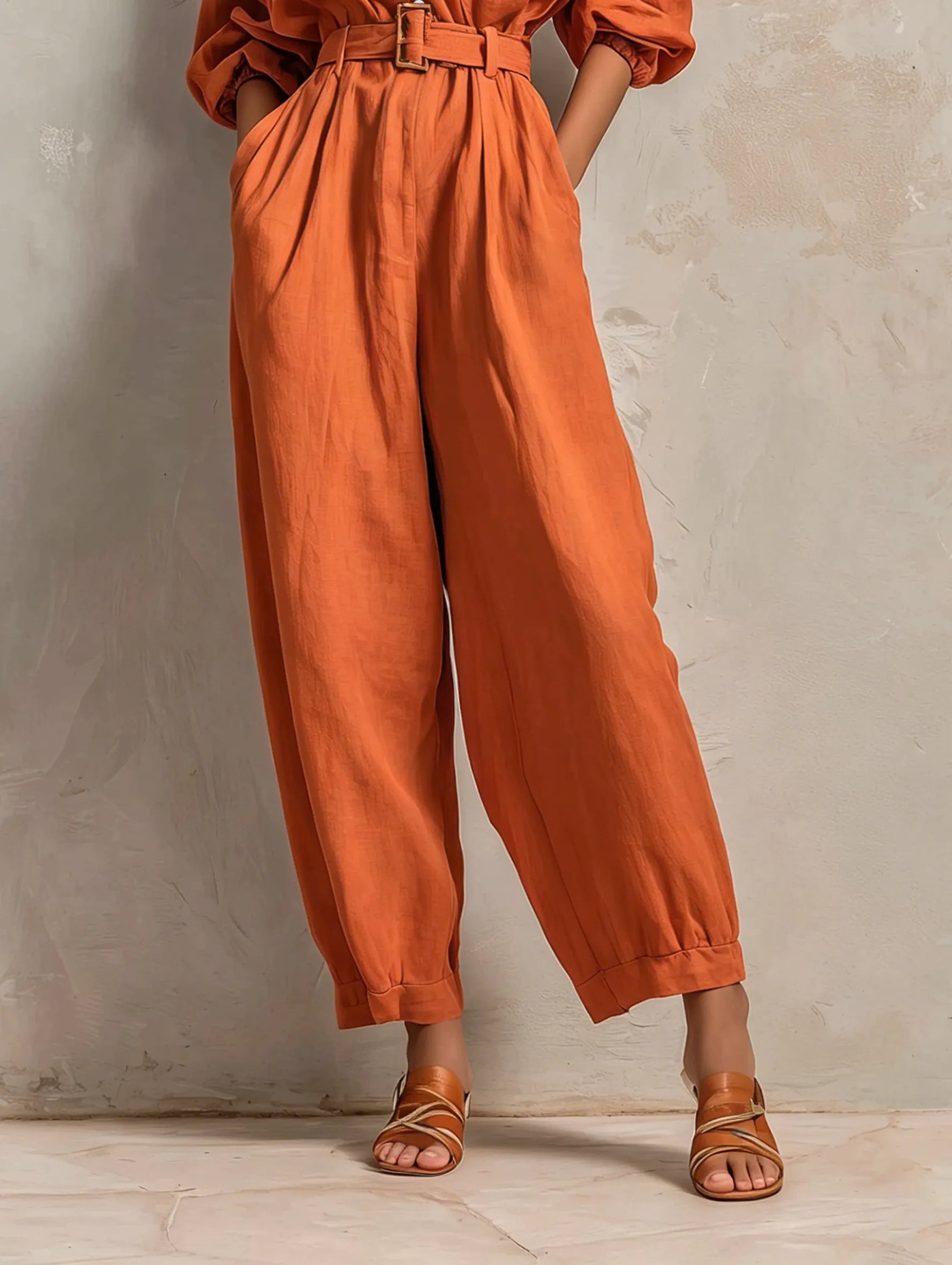 Women's Minimalist Cotton-Linen Jumpsuit With Belt — Wide-Leg Trousers And Mid-Length Sleeves MDZ2965E9ZJW