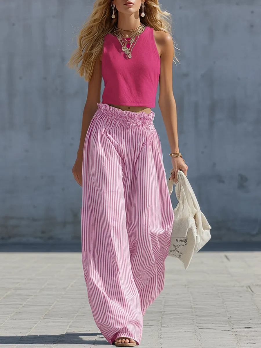 Stylish Casual White Cotton Tank Top And Blue Striped Pants Set