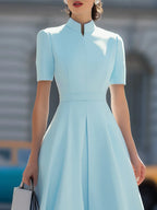 High Neck Short Sleeve Pleated Fit-and-Flare Midi Dress