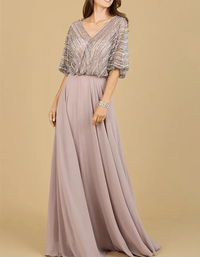 Dusty Pink V Neck Striped Sequin Puff Sleeve Chiffon Maxi Dress