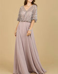 Dusty Pink V Neck Striped Sequin Puff Sleeve Chiffon Maxi Dress