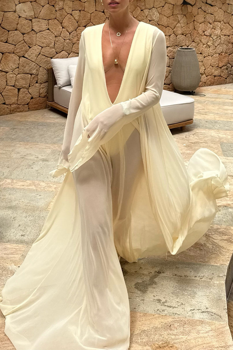 Deep V Sheer Chiffon Kaftan Maxi Dress