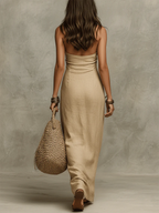 Stylish & Sexy Halter-neck Cotton-linen Maxi Dress