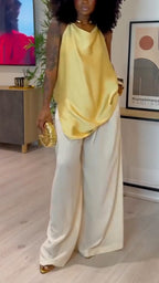 Women Neck Hanging Irregular Top+ Pants Casual Suit