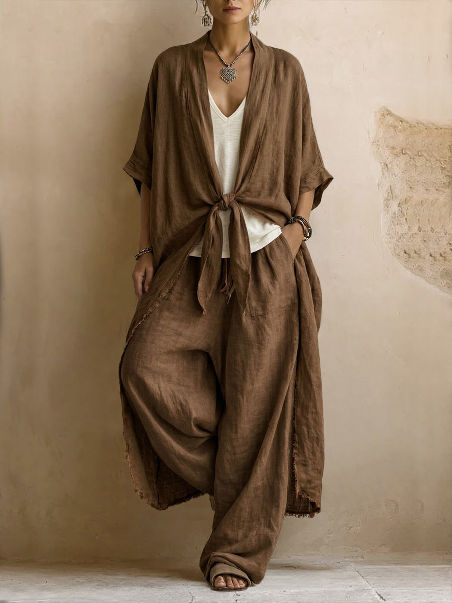 Bohemian-style Linen And Cotton Two-piece Set: Long Cardigan And Trousers