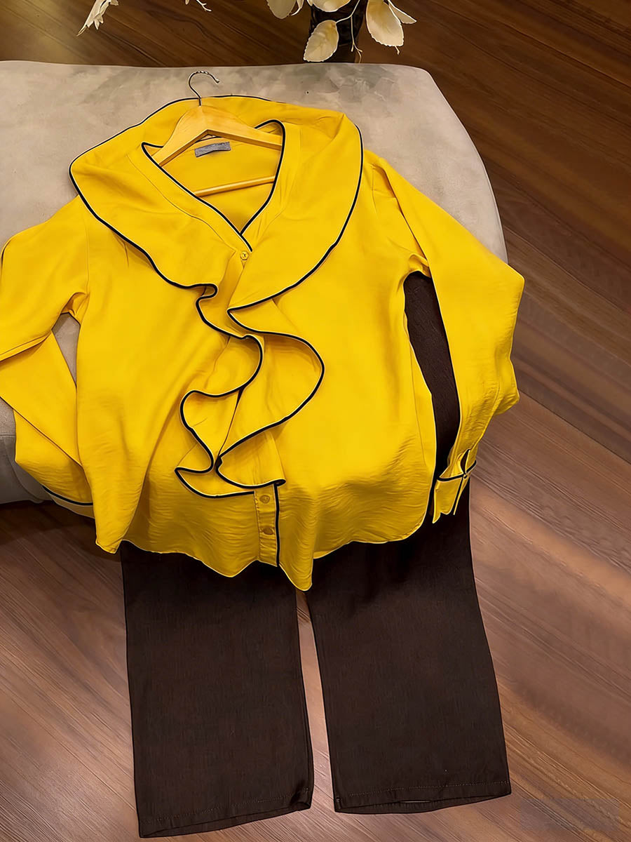 Women's V-neck Long-sleeve Loose-fit Top & Elastic-waist Wide-leg Pants Set