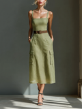 Women's Olive Green Linen Fabric Sleeveless Midi Dress With Cargo Pockets & Belted Waist MDZ2753A1T