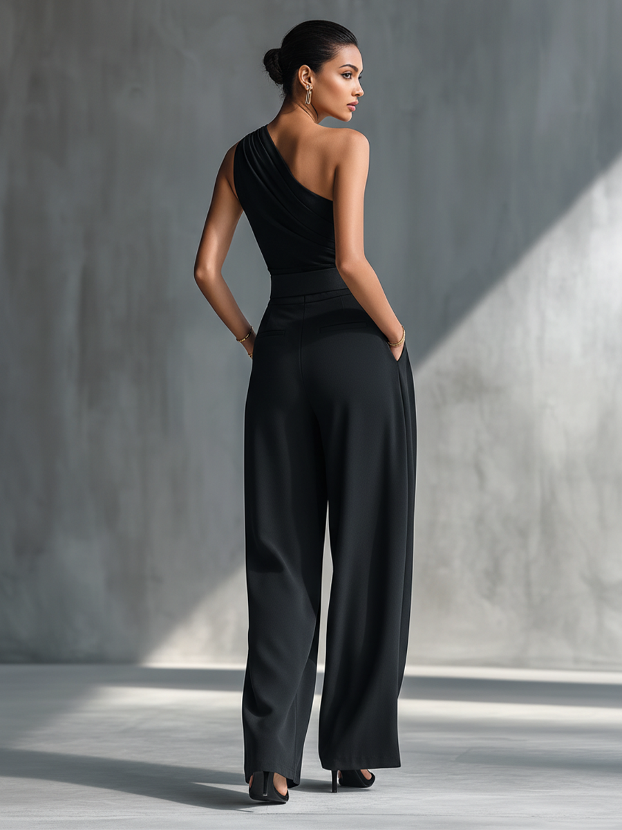 Women's Black High-elastic Knit Top And Acetate Wide-leg Pants MDZ1068B3T