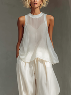 Women's Cream Two-Piece Set With Semi-sheer Chiffon Sleeveless Top & Cotton And Linen Blend Drawstring Wide-Leg Trousers MDZ1039C4T