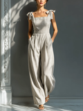 Women's Beige & White Striped Linen-Blend Jumpsuit With Square Neck & Tie Straps MDZ2733B8T