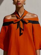 Women’s Orange Off-Shoulder Mini Dress With Black Bow Neck Detail MDZ1340E3T