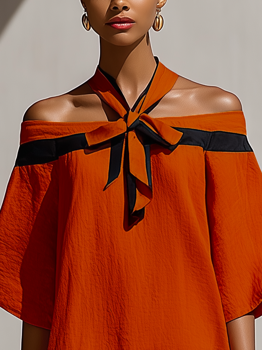 Women’s Orange Off-Shoulder Mini Dress With Black Bow Neck Detail MDZ1340E3T