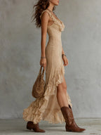 Boho Ruffled-Collar Lace High Slit Maxi Dress