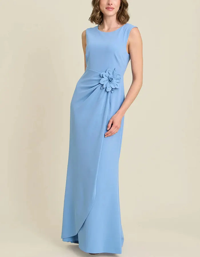 Light Blue Round Neck Sleeveless Side 3D Flower Maxi Dress