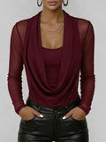 Women's Swing Neck Long-sleeved Casual Loose-fitting Sheer Mesh Top