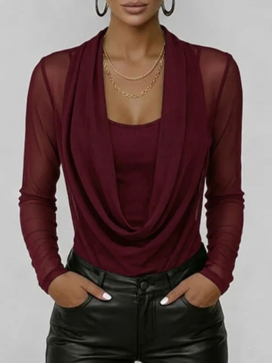 Women's Swing Neck Long-sleeved Casual Loose-fitting Sheer Mesh Top