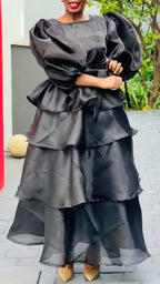 Black Multi-Layer Ruffled Satin Maxi  Set