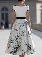 Elegant White Black Ink Floral Print Boat Neck Flared Midi Dress