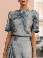 Ethereal Silver-Grey Floral Printed Two-Piece Maxi Set