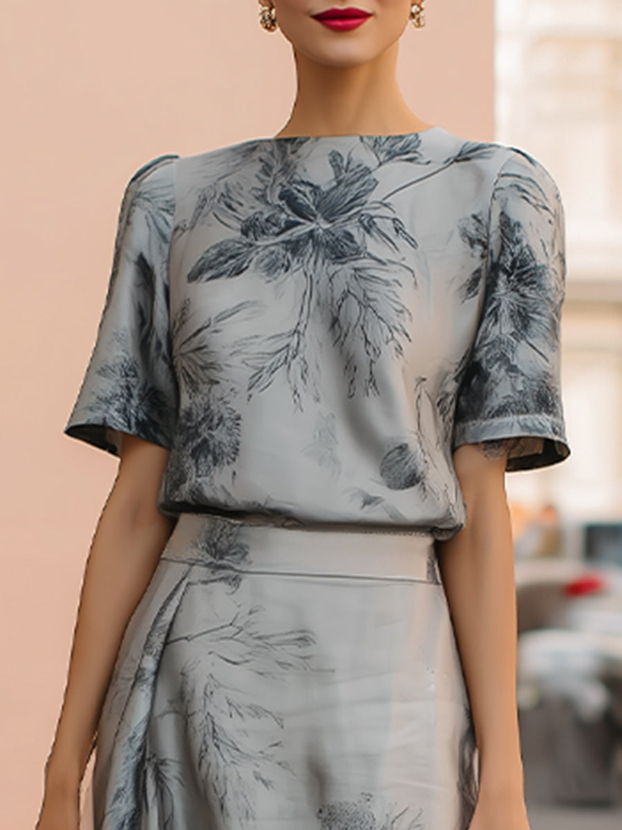 Ethereal Silver-Grey Floral Printed Two-Piece Maxi Set