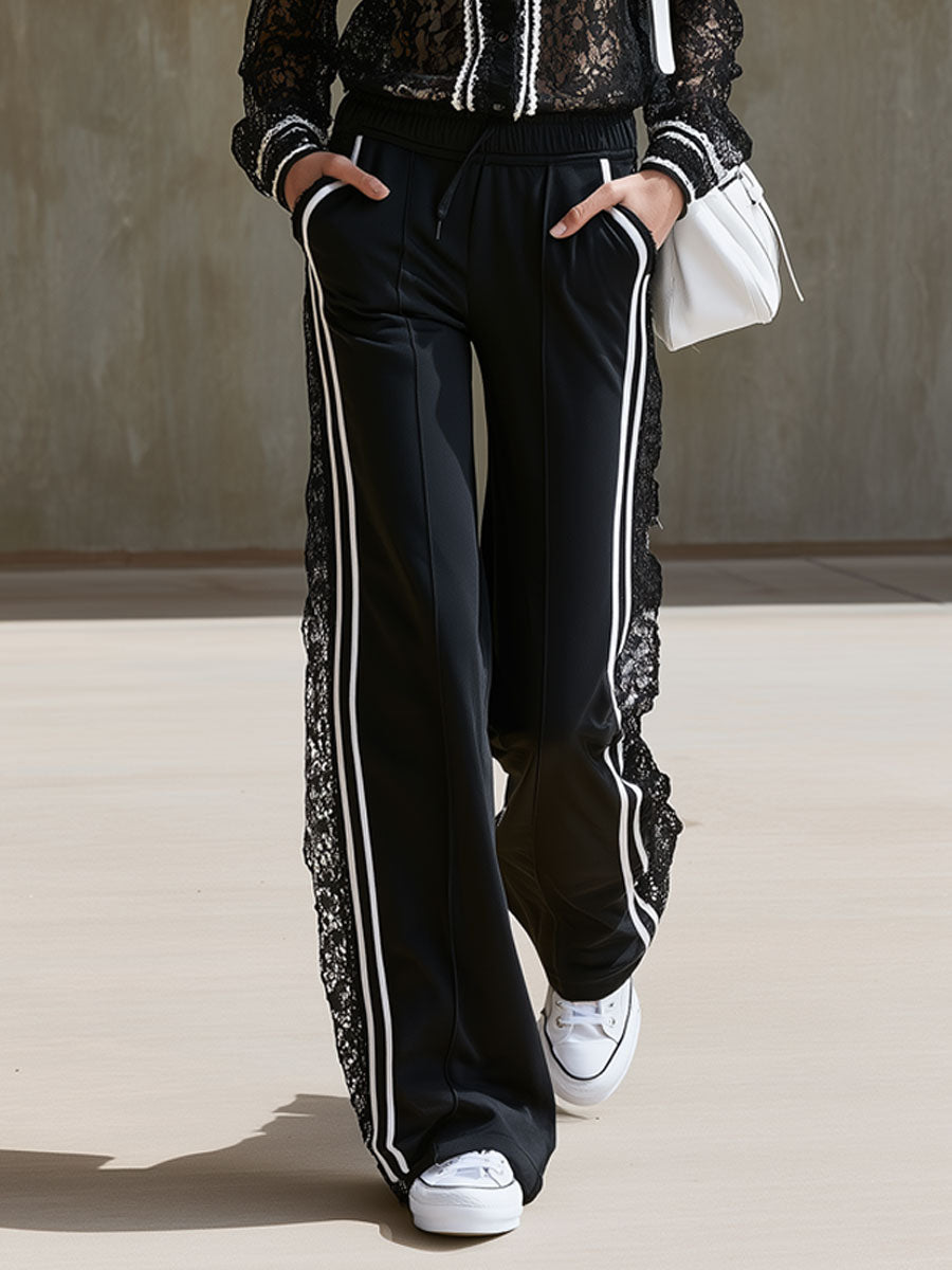 Sporty Retro Striped Black Lace Long-Sleeve Shirt And Pants Set