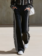 Sporty Retro Striped Black Lace Long-Sleeve Shirt And Pants Set