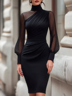 High-Neck Sheer Sleeve Draped Bodycon Dress