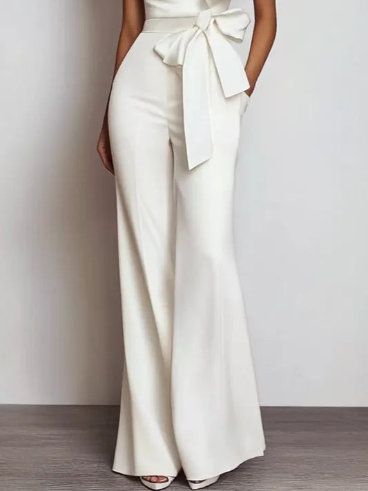 Women White Bow One Shoulder Wide-Leg Jumpsuit