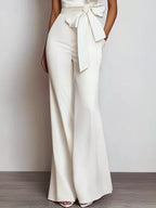 Women White Bow One Shoulder Wide-Leg Jumpsuit