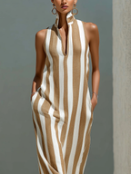 Women’s Camel & White Striped Sleeveless Stand Collar V-Neck Maxi Dress With Pockets MDZ2026D2T