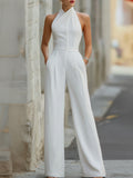 Halter-Neck Tailored Wide-Leg Jumpsuit With Buttons Detail