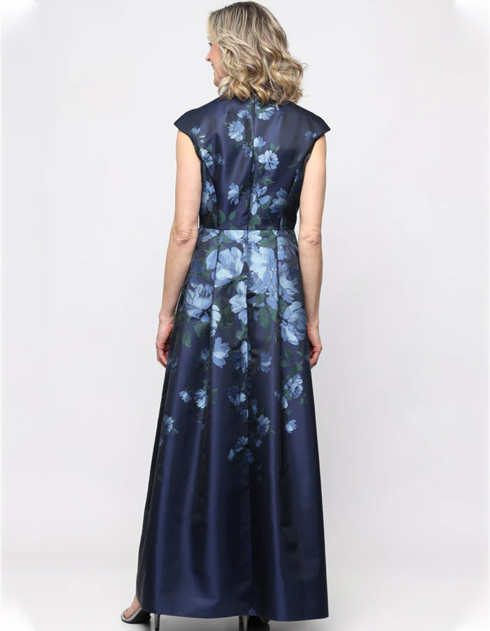 Navy Blue Floral Print Sleeveless A-Line Satin Maxi Dress