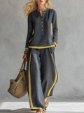 Elegant And Casual Two-tone Trim Gray Cotton And Linen Shirt And Pants Set