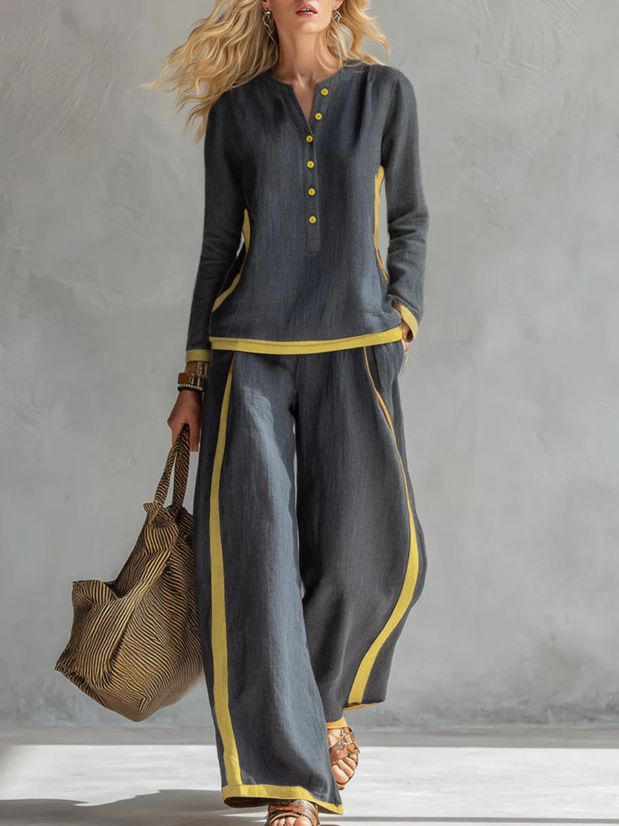 Elegant And Casual Two-tone Trim Gray Cotton And Linen Shirt And Pants Set