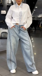 White Rhinestone Shirt Rhinestone Wide Leg Jeans Set