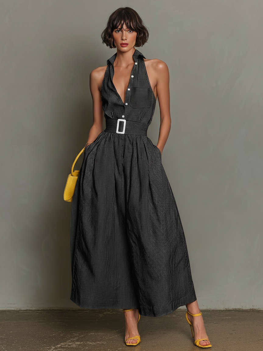 Women's Minimalist Striped Lapel Sleeveless Maxi Dress MDZ1099D5Y