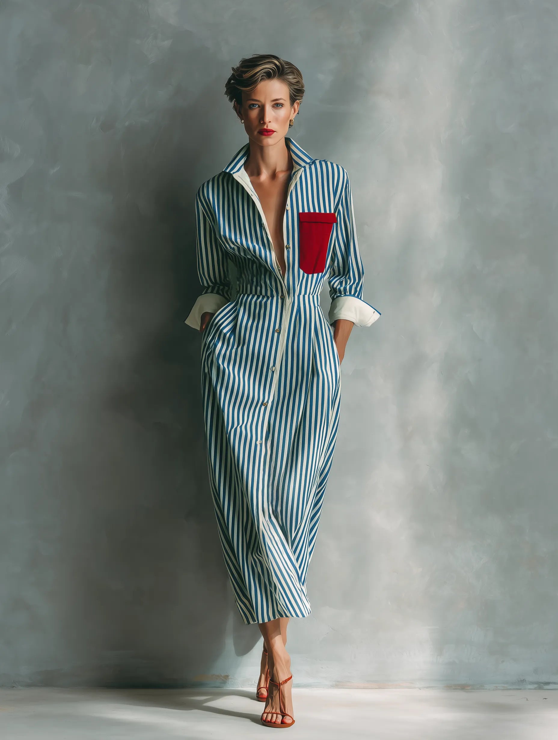 Women's Blue And White Cotton Blend Striped Shirt Dress With Red Chest Pocket MDZ1286C2T