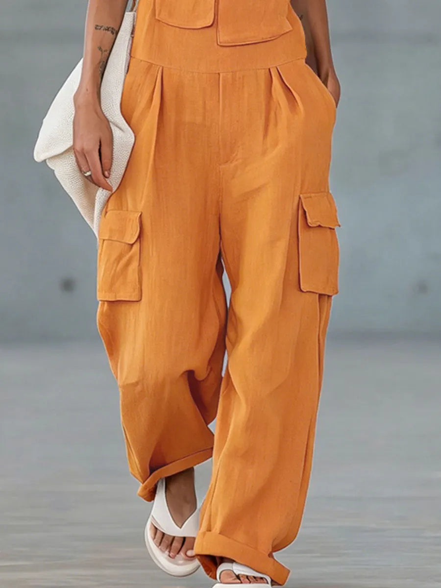 Orange Cotton-linen Multi-pocket Wide-leg Overalls
