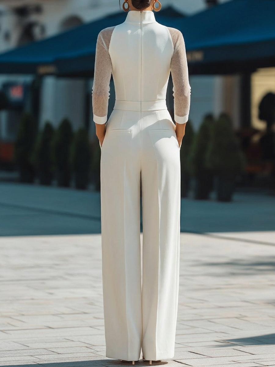 High Neck Sheer Sleeve Tailored Wide-Leg Jumpsuit
