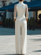 High Neck Sheer Sleeve Tailored Wide-Leg Jumpsuit