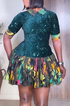 Women Collar Sequin Patchwork Print Elegant Casual Mini Dresses
